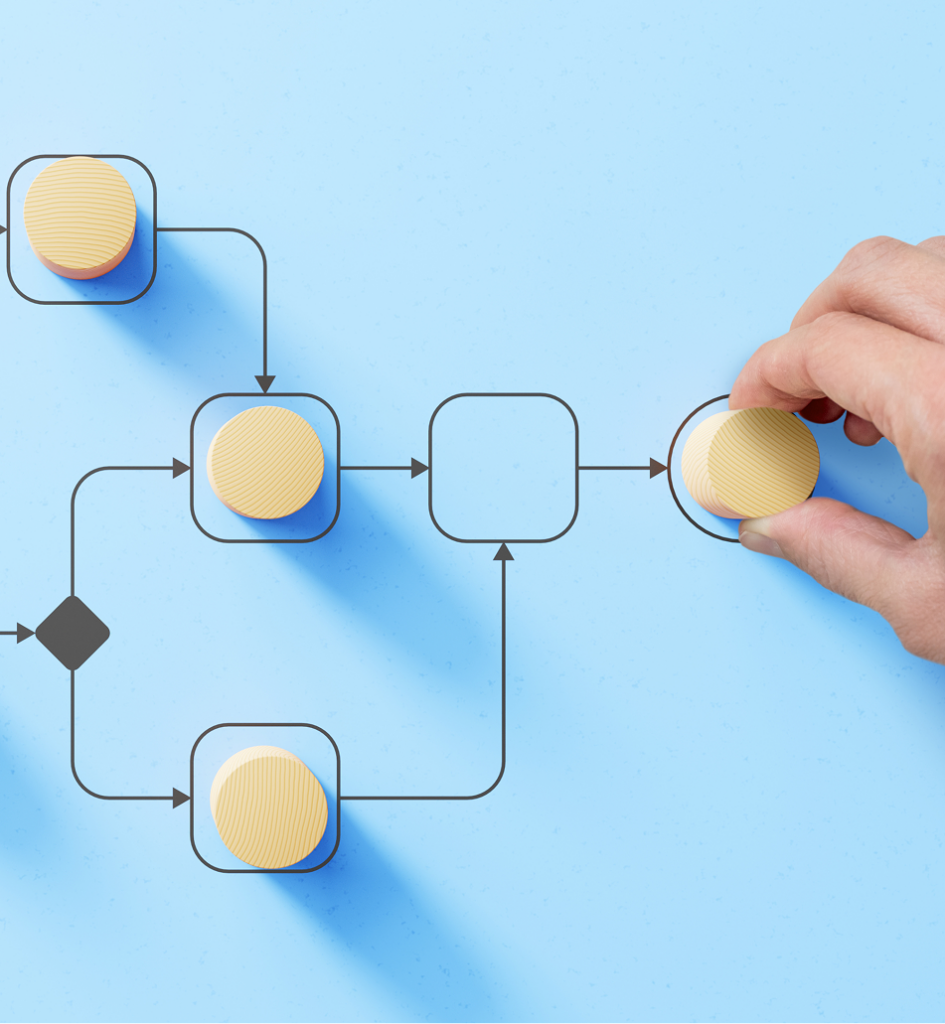 person moving wooden pieces on flowchart diagram